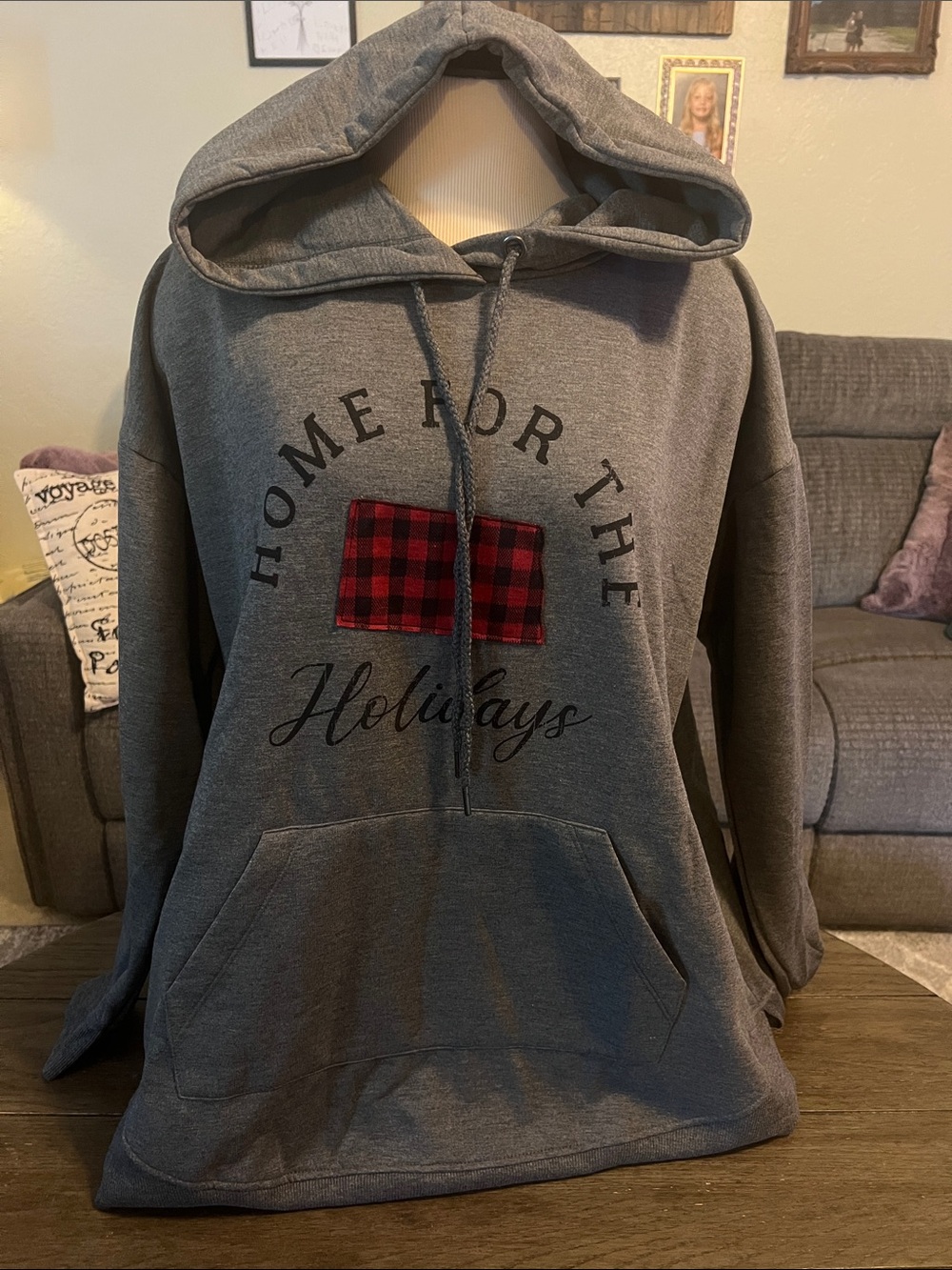 Maurices Gray Hoodie with Red Plaid Accent